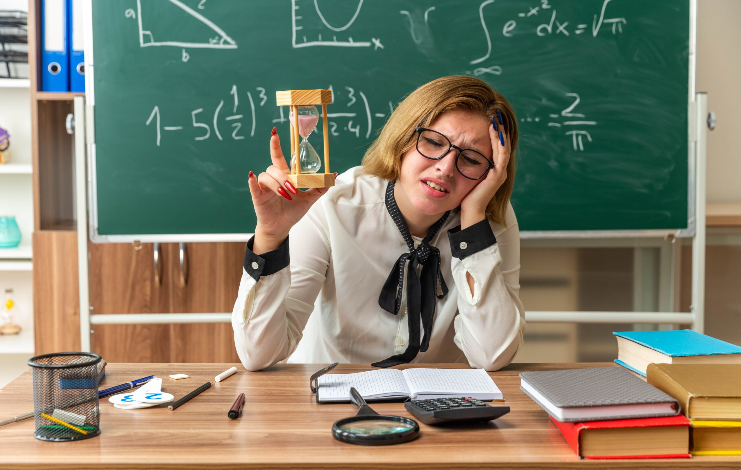 sad with closed eyes young female teacher sits table with school supplies holding hourglass classroom min scaled.jpg