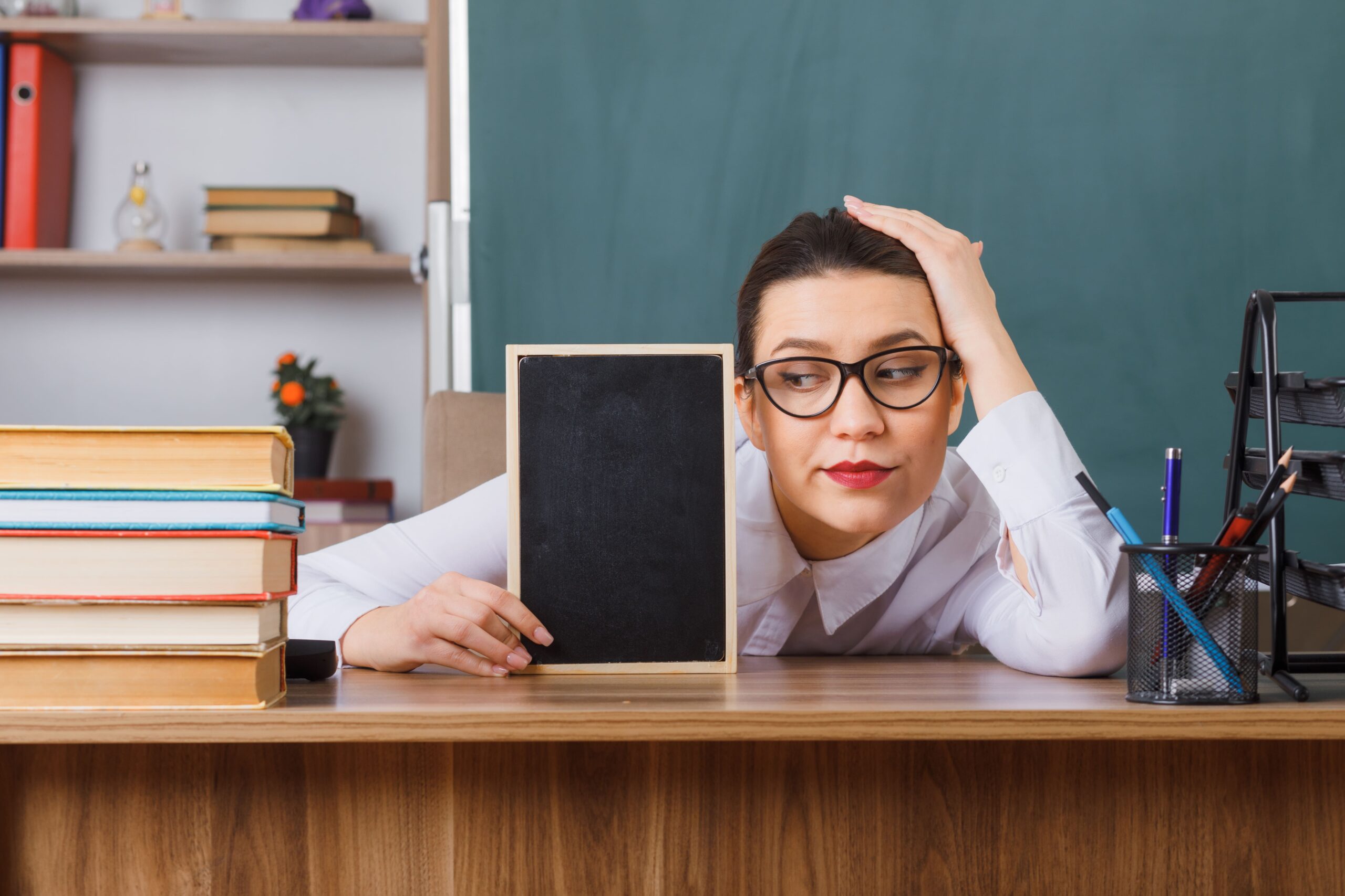 young woman teacher wearing glasses with small chalkboard sitting school desk front blackboard classroom looking tired overworked min scaled.jpg