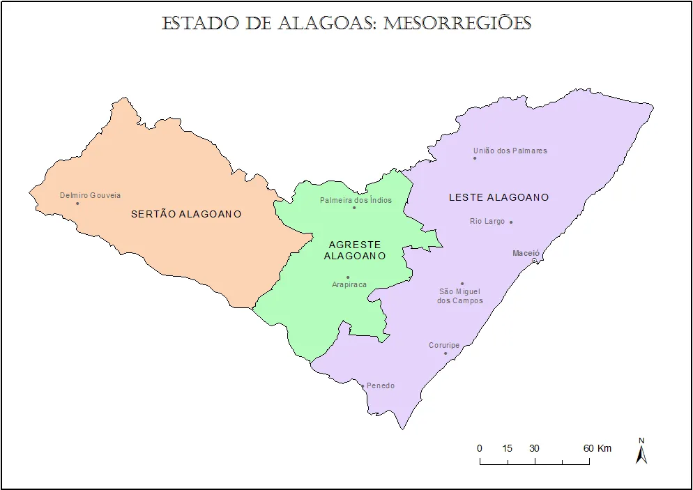 Mapa de Alagoas e Mesorregiões para imprimir