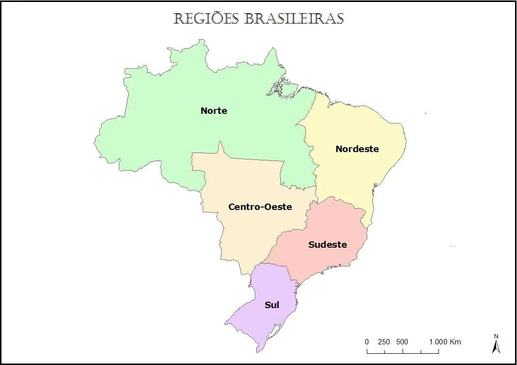 Mapa do Brasil dividido em regiões para imprimir