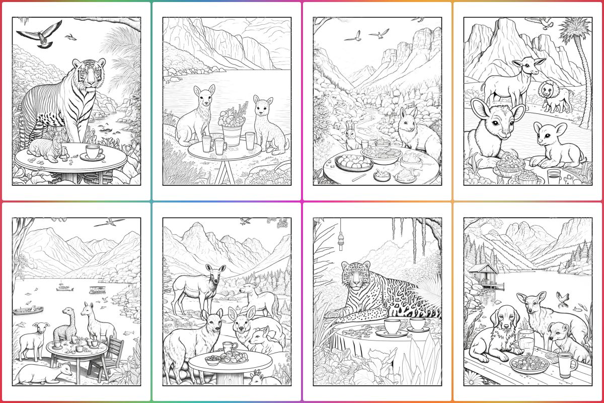 Animais fazendo picnic para colorir