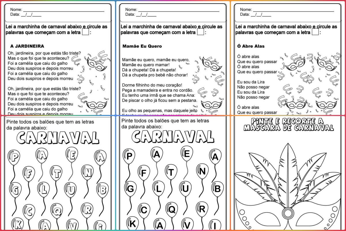 Atividade de carnaval para imprimir e colorir