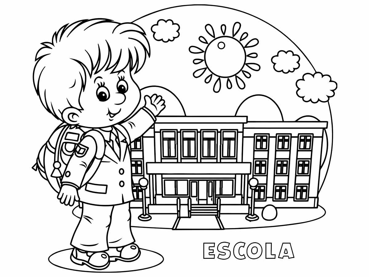 desenho menino de frente a escola para colorir