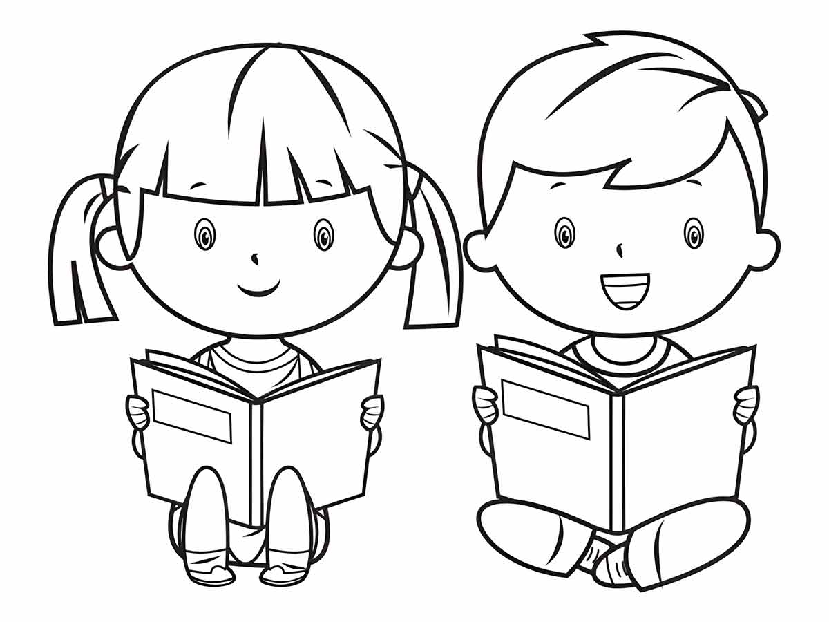 desenho meninos lendo livros para colorir