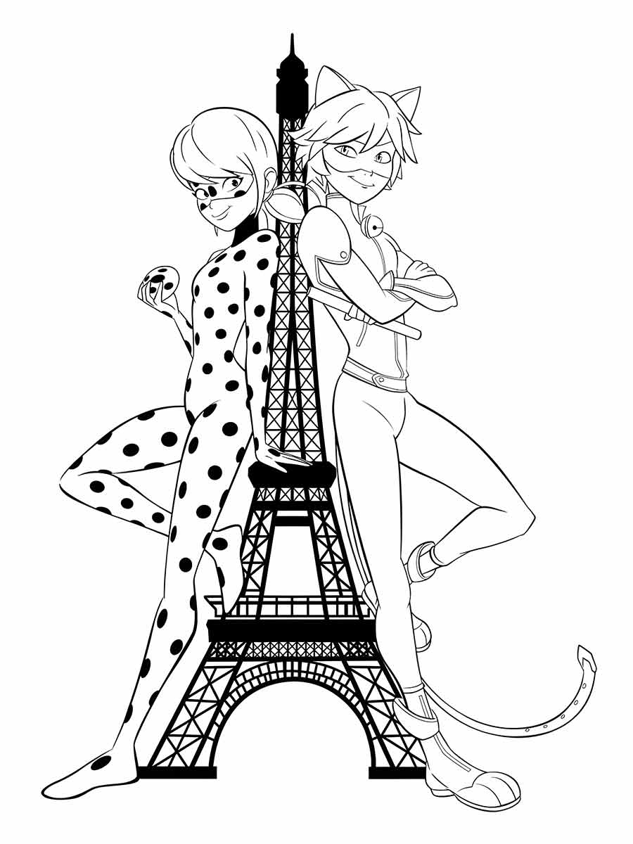 desenho cat noir ladybug na torre eiffel para colorir