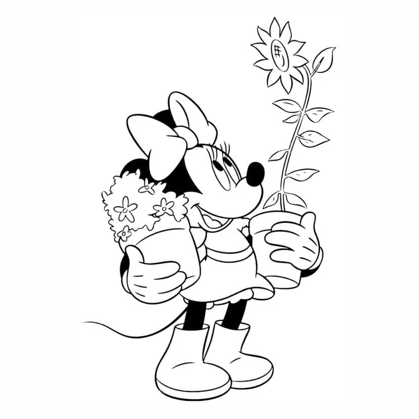 minnie para colorir com jarros de flores.jpg