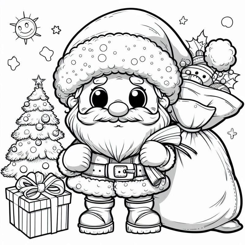 Desenho de Papai Noel com Árvore de Natal para Colorir