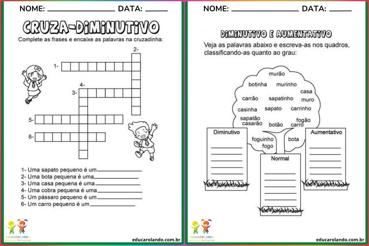 Atividade Diminutivo e Aumentativo para imprimir