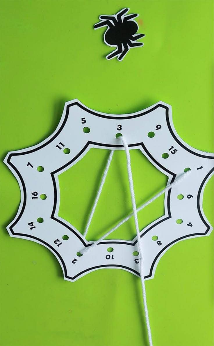 Molde 1 - Atividade de alinhavo de teia de aranha com números para imprimir para imprimir e recortar