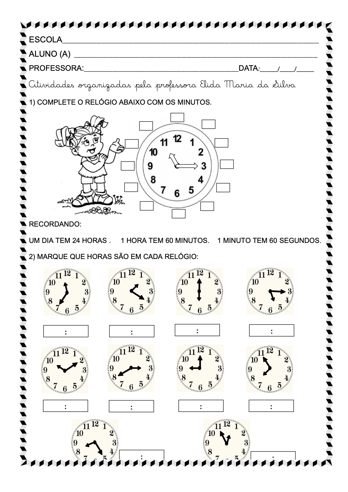 Atividade 1 - Atividades Aprendendo as Horas e Medidas de Tempo para Imprimir para imprimir