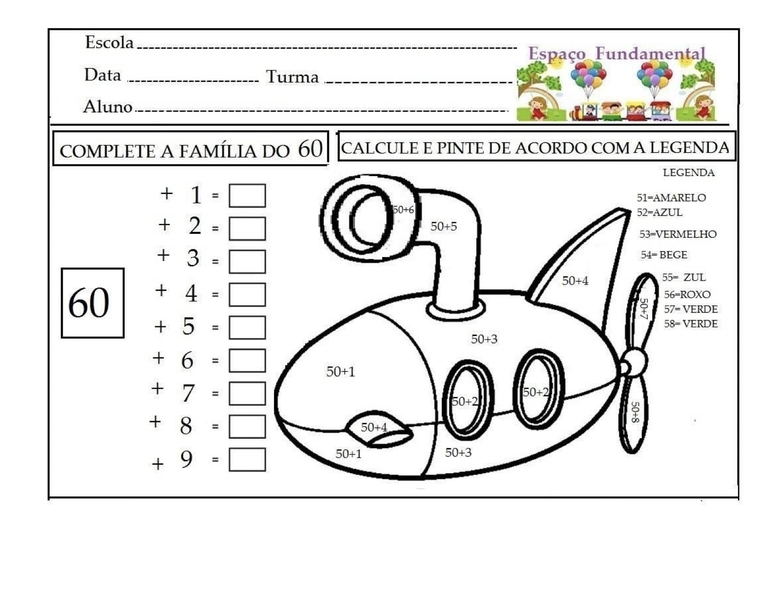 Folha de Atividade 72 - Atividades lúdicas de matemática: 4 operações resolva e pinte para imprimir para imprimir