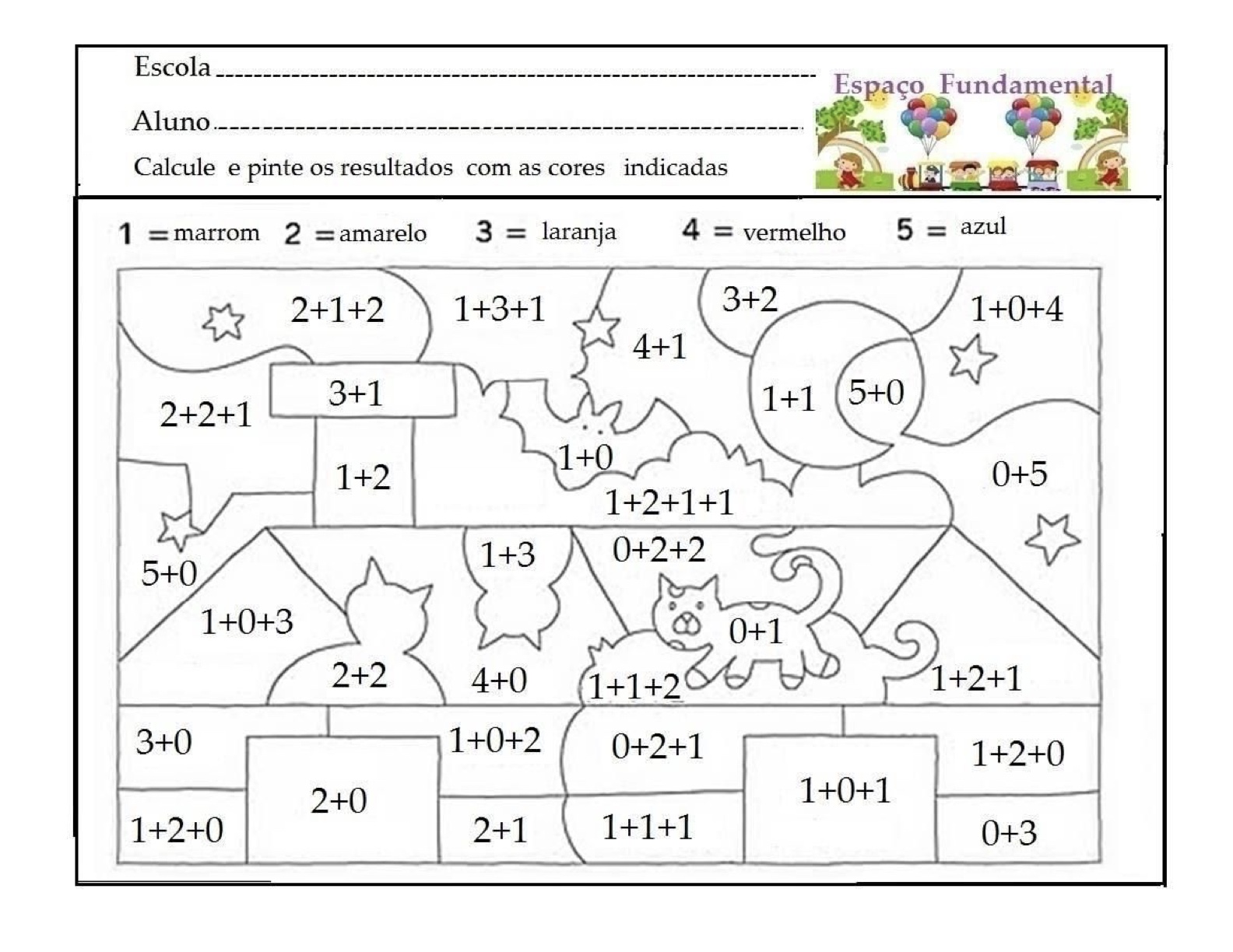 Folha de Atividade 73 - Atividades lúdicas de matemática: 4 operações resolva e pinte para imprimir para imprimir